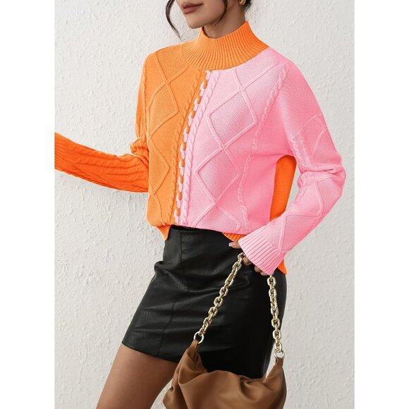 Women's Colorblock Cable Knit Jumper Long Sleeve Mock Neck Casual Top - Picture 7 of 8